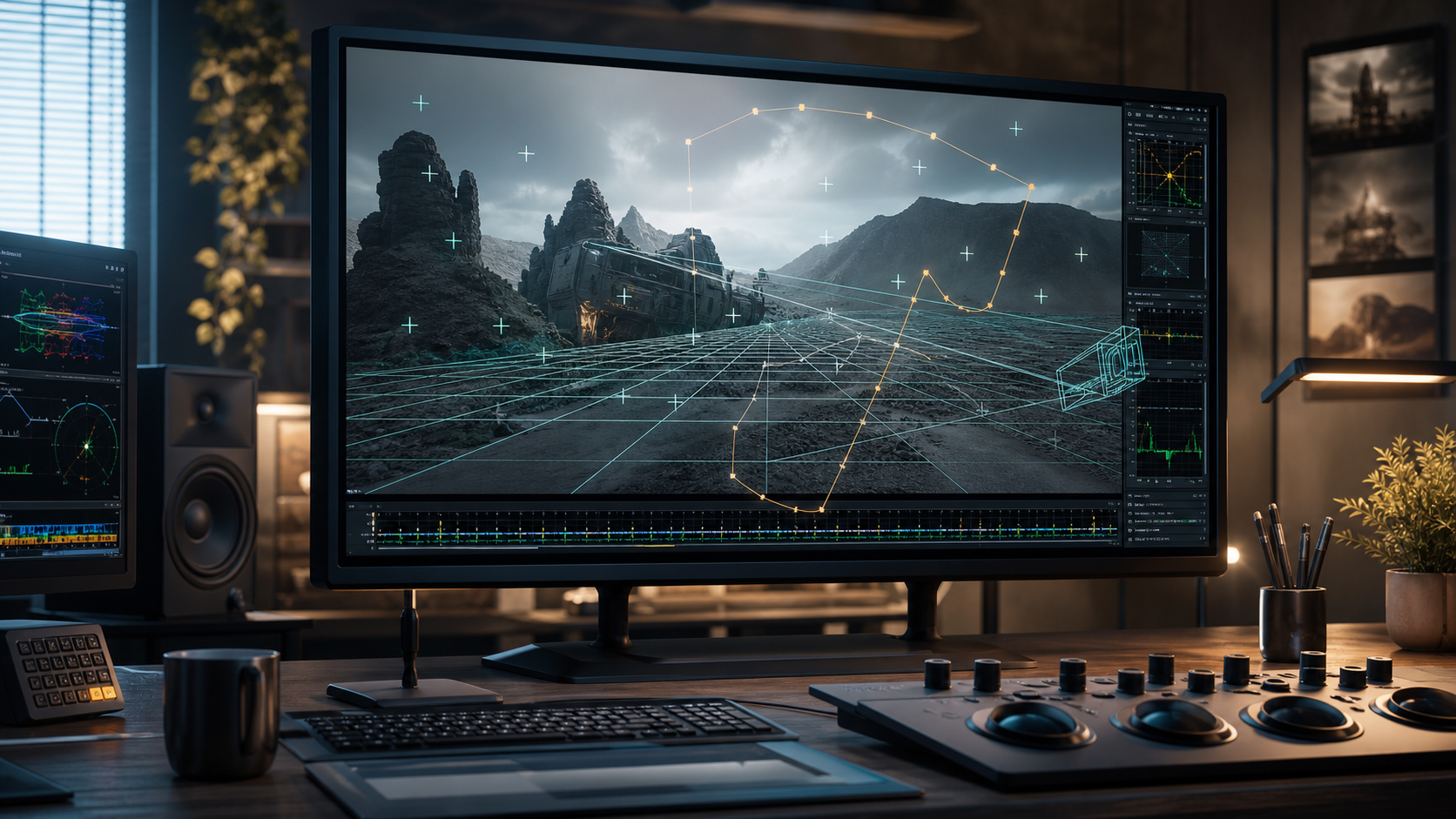 Cinematic VFX camera tracking workspace with 3D tracking markers and perspective grid